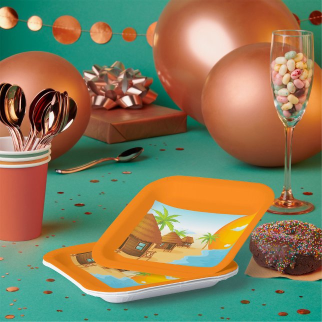 Assiettes En Carton Coucher de soleil tropical avec des huttes de chau (Créateur téléchargé)