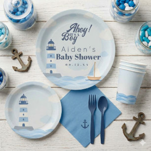 Assiettes En Carton Coucou C'est un Garçon Fête de Naissance Phare Mar