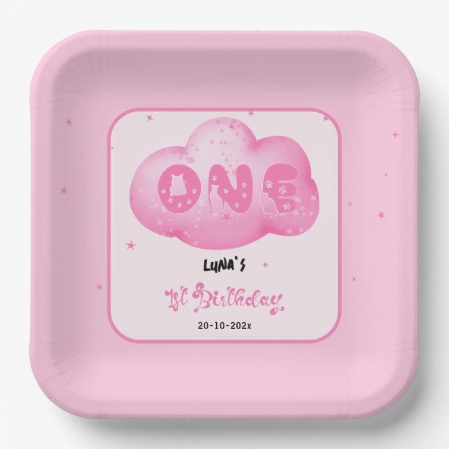 Assiettes En Carton Couleur d'aquarelle de la police de chats rose Clo (Recto)