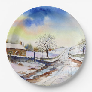 Assiettes En Carton Couleur d'eau de la voie d'hiver Peinture du paysa