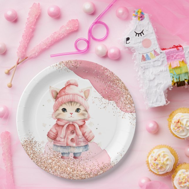Assiettes En Carton Couleur d'eau mignonne Kitty Chat Fête de manteau  (Fête)