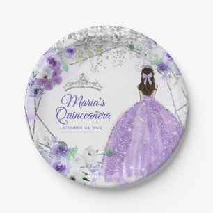 Assiettes En Carton Couleur d'eau Quinceañera Silver & Purple Flowers