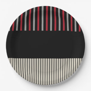Assiettes En Carton Couleur Pop Stripes-Rouge, Gris, Noir et Bone Blan