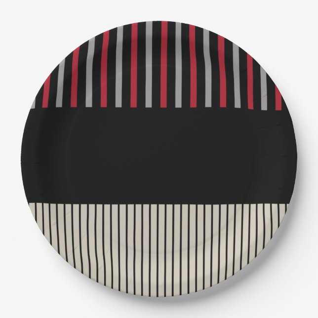 Assiettes En Carton Couleur Pop Stripes-Rouge, Gris, Noir et Bone Blan (Devant)