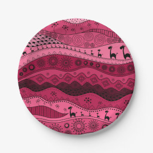 Assiettes En Carton Couleur rose main dessinée motif tribal africain
