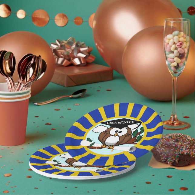 Assiettes En Carton Couleurs de l'école de hibou Bleu et Gold Graduati (Multi)