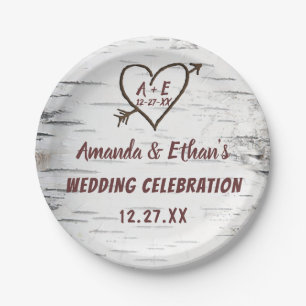Assiettes En Carton Country Birch Tree Bark Heart Flèche Mariage rusti