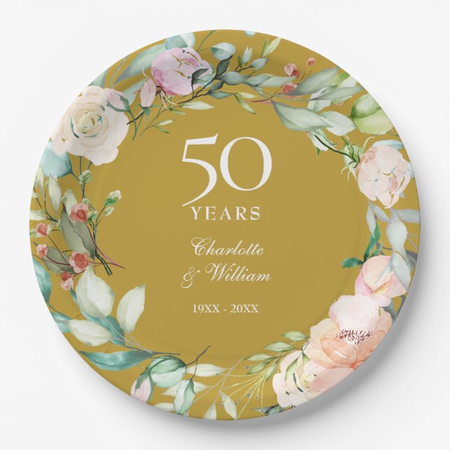 Assiettes En Carton Country Roses Garland 50e anniversaire Mariage (Devant)