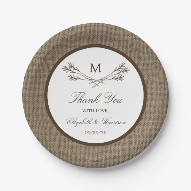 Assiettes En Carton Country Rustic Monogramme Branche & Mariage Burlap (Devant)