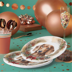 Assiettes En Carton Coupe de fête de la couronne de Noël de Dachshund