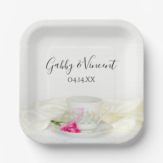 Assiettes En Carton Coupe de thé florale et Mariage de roses roses ros (Recto)