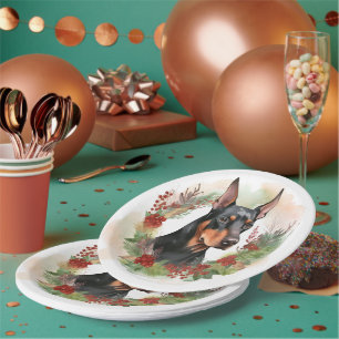 Assiettes En Carton Coupe festive Doberman Christmas Wreath
