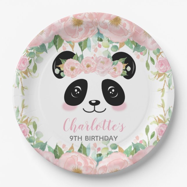 Assiettes En Carton Coupe florale rose Panda fête des bébés (Devant)