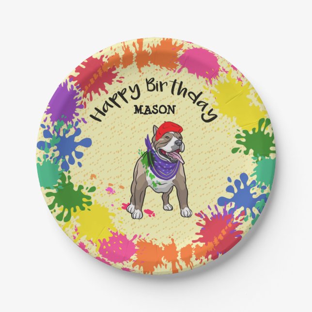 Assiettes En Carton Coupe Pitbull Dog Fun Paint Splash Art Party    (Devant)