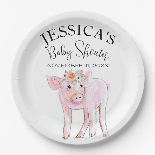 Assiettes En Carton Couper Piggy Baby shower d'aquarelle Boho Girl (Devant)