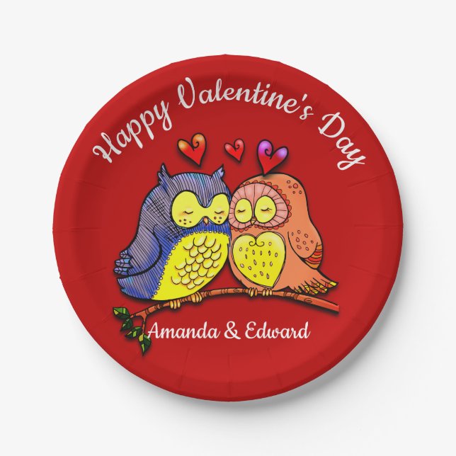 Assiettes En Carton Couple de Chouettes de Saint-Valentin (Devant)