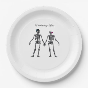 Assiettes En Carton Couple de squelettes gothiques (Blanc) Classique