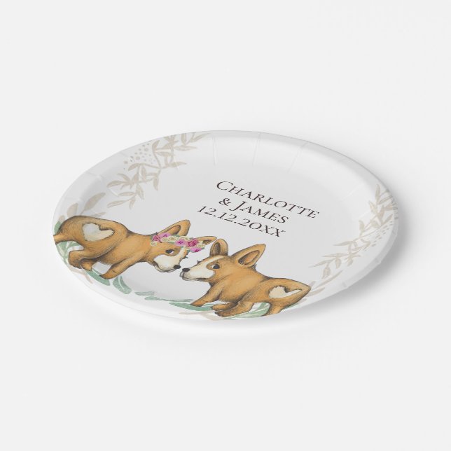 Assiettes En Carton Couple Mariage Corgi Cute Corgi Personnalisé (Angle)