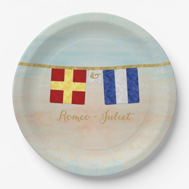 Assiettes En Carton Couples Monogramme Signal Maritime Drapeaux Aquare (Devant)
