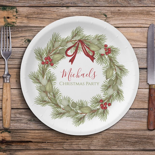 Assiettes En Carton Courbe botanique de Noël Rouge Holly Berries Leaf (Simple Wreath design holiday paper plate with an elegant calligraphy script.)