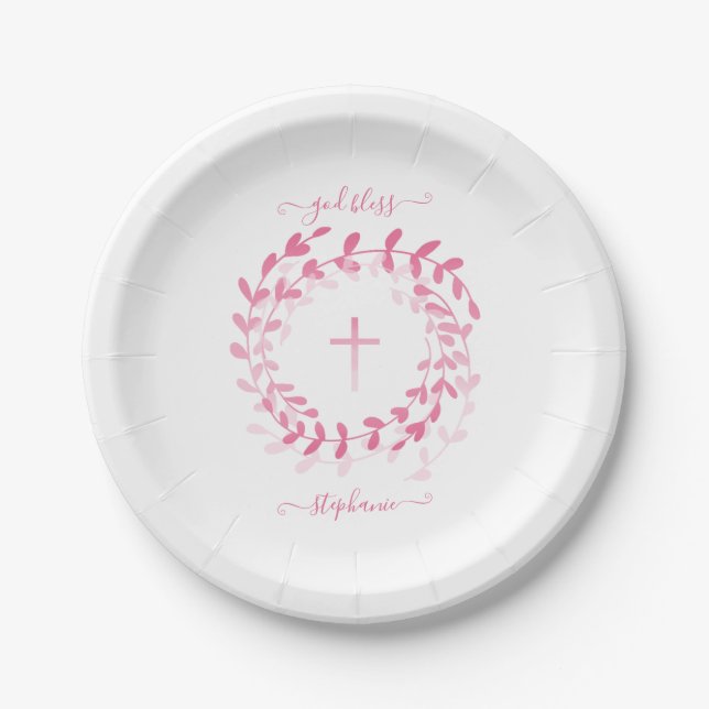 Assiettes En Carton Courbe et croix roses de communion (Devant)