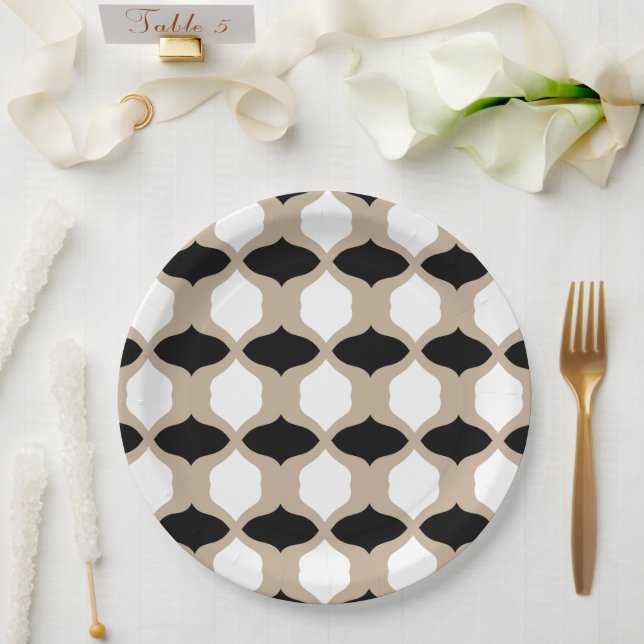 Assiettes En Carton Courbes douces Motif - Taupe, noir et blanc (Mariage)