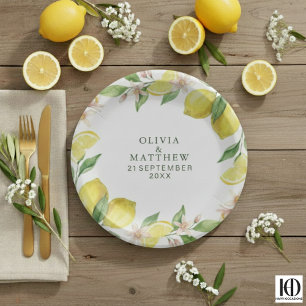 Assiettes En Carton Couronne aquarelle Mariage Citron Méditerranéen