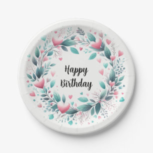 Assiettes En Carton Couronne d'anniversaire à coeur rose aqua
