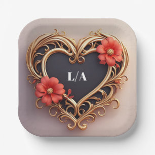 Assiettes En Carton Couronne de cœur ornemental doré avec des fleurs r