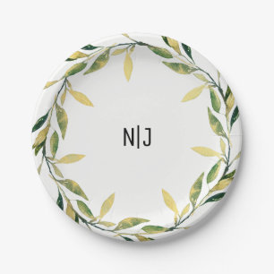Assiettes En Carton Couronne de feuilles vertes botaniques dorées Rust