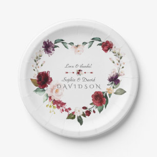 Assiettes En Carton Couronne de fleurs en aquarelle Burgundy Blush Mar