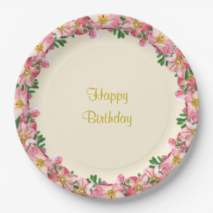 Assiettes En Carton Couronne de fleurs roses sur Joyeux Anniversaire i
