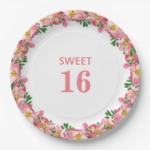 Assiettes En Carton Couronne de fleurs roses Sweet 16 sur fond blanc