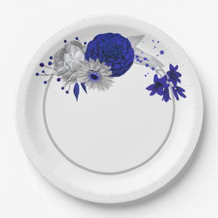 Assiettes En Carton couronne de fleurs royale bleu et argent