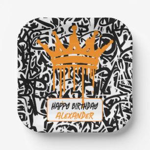Assiettes En Carton Couronne de graffiti noir orange Joyeux Anniversai