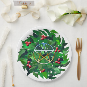 Assiettes En Carton Couronne de houx de Yule et pentacle