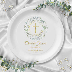 Assiettes En Carton Couronne de laurier Faux papier d'or Baptême Chris