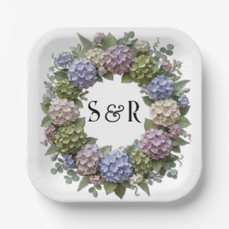 Assiettes En Carton Couronne de mariage Hydrangea Monogramme