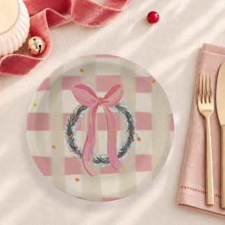 Assiettes En Carton Couronne de Noël à ruban gingham rose