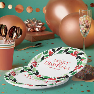 Assiettes En Carton Couronne de Noël avec feuilles verts et baies roug