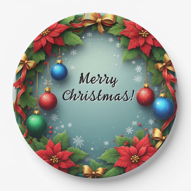 Assiettes En Carton Couronne de Noël avec Poinsettias (Devant)