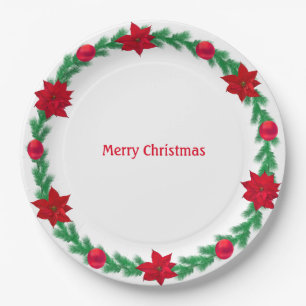 Assiettes En Carton Couronne de Noël, poinsettias et boules de Noël
