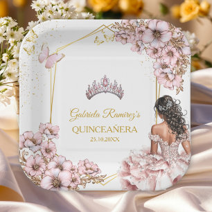 Assiettes En Carton Couronne de papillon de Tiara dorée rose Quinceañe