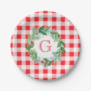 Assiettes En Carton Couronne de pin à l'aquarelle MONOGRAMME à carreau