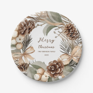Assiettes En Carton Couronne de pin hivernale au cône de pin et monogr