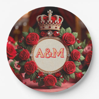 Assiettes En Carton Couronne de rose personnalisée avec monogramme et