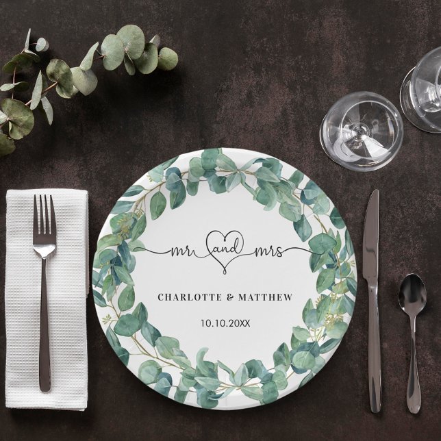 Assiettes En Carton couronne d'eucalyptus mariage m. noms de coeur (Créateur téléchargé)