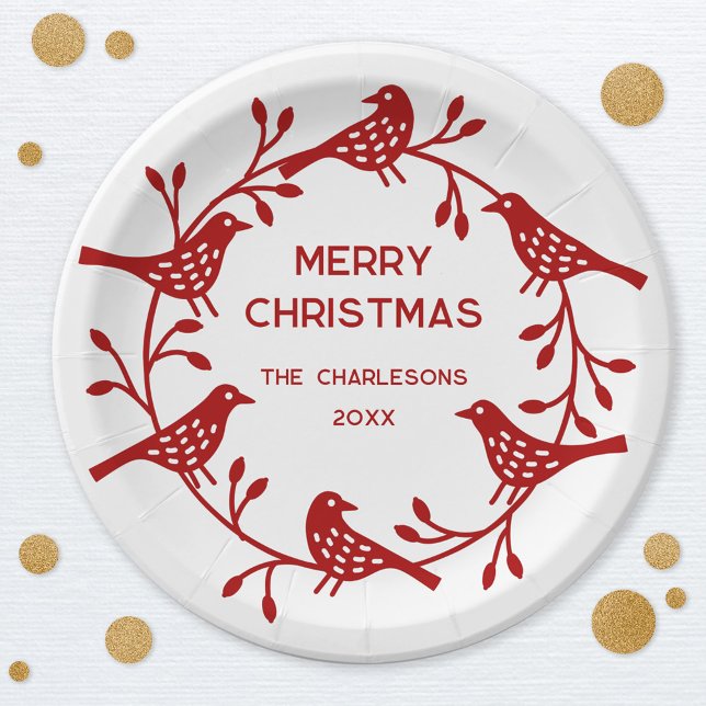 Assiettes En Carton Couronne d'oiseaux scandinaves Noël personnalisé (Red Scandinavian bird wreath personalized family name date festive Merry Christmas paper plates)