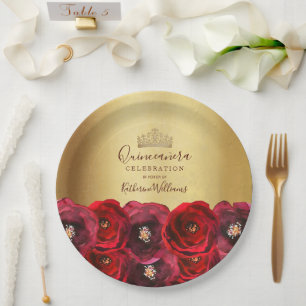 Assiettes En Carton Couronne d'or chic rouge rose florale Quinceañera