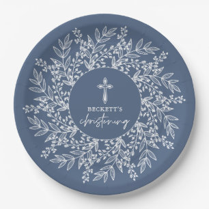 Assiettes En Carton Couronne élégante et croix Baptême de garçon bleu
